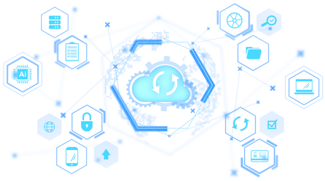 带有云齿轮图标、数字数据符号的云技术示意图，白色背景上的浅蓝色插画风格，数据同步概念