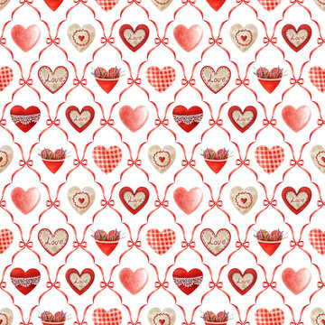 情人节瓷砖无缝图案。手绘水彩插画，传统复古风格的红色爱心
