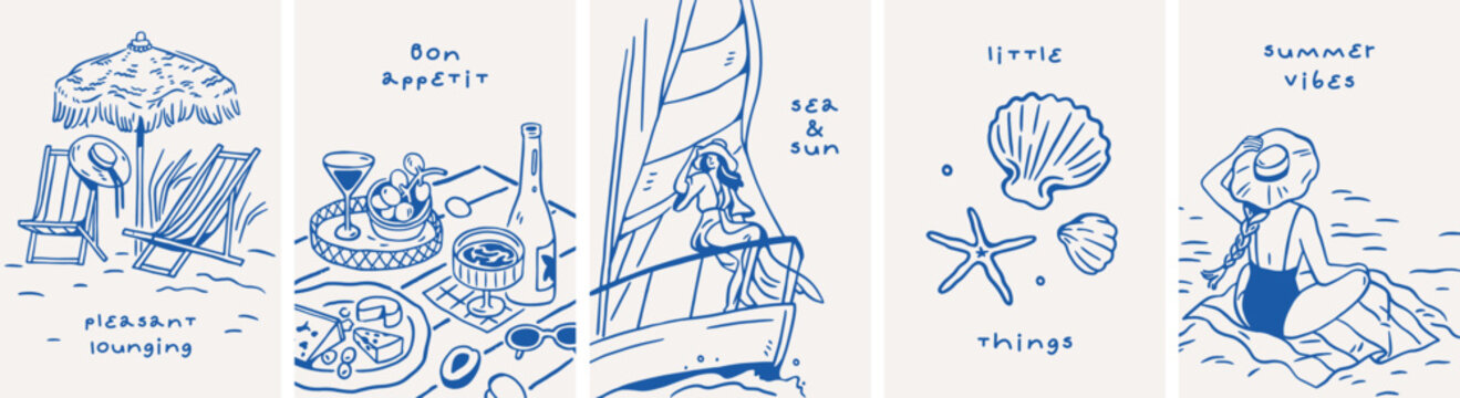 甜蜜生活涂鸦卡片设计：意大利夏日度假海报套装——含素描风格海滨胜地、带伞沙滩、野餐、游艇、贝壳及文字设计的手绘矢量插画