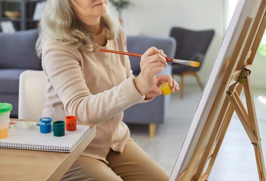 年长女性坐在家中客厅的画架前，手持画笔和颜料在画布上作画。这位老妇人手持画笔创作画作。体现艺术爱好、工作室概念