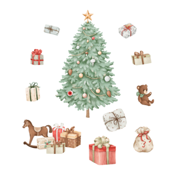 含圣诞树、礼物、木马和熊玩具的水彩套装，适用于圣诞设计贺卡、海报或横幅的孤立插画，手绘节日符号