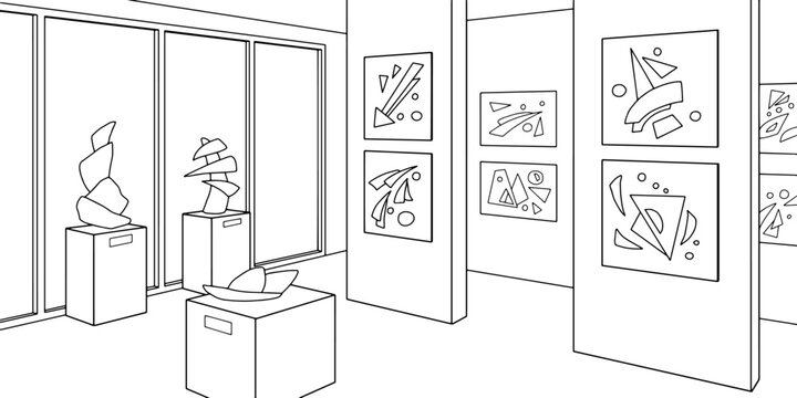 博物馆平面黑白室内草图插画矢量图