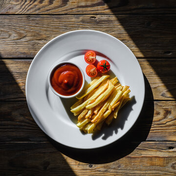 白色盘子上配有番茄酱和樱桃番茄的法式薯条