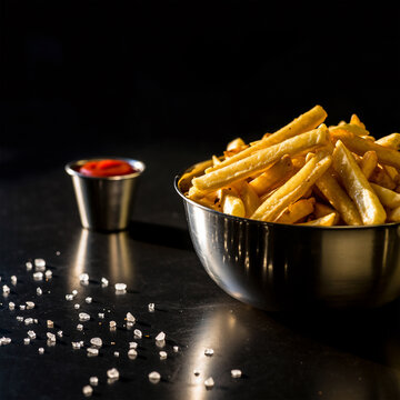 金属碗装薯条搭配番茄酱杯和盐粒