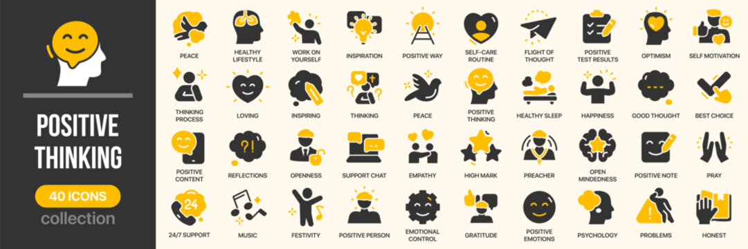 Positive thinking fill icon collection. Includes motivation, happiness, emotions, optimism, and inspiration icons. Created in colored style with yellow and gray palette