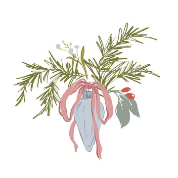 带有粉色蝴蝶结、圣诞树形玩具、浆果和树枝的梦幻圣诞花卉卡片。手绘复古海报，白色背景上的独立图案。适用于设计、印刷、织物或背景的插画。