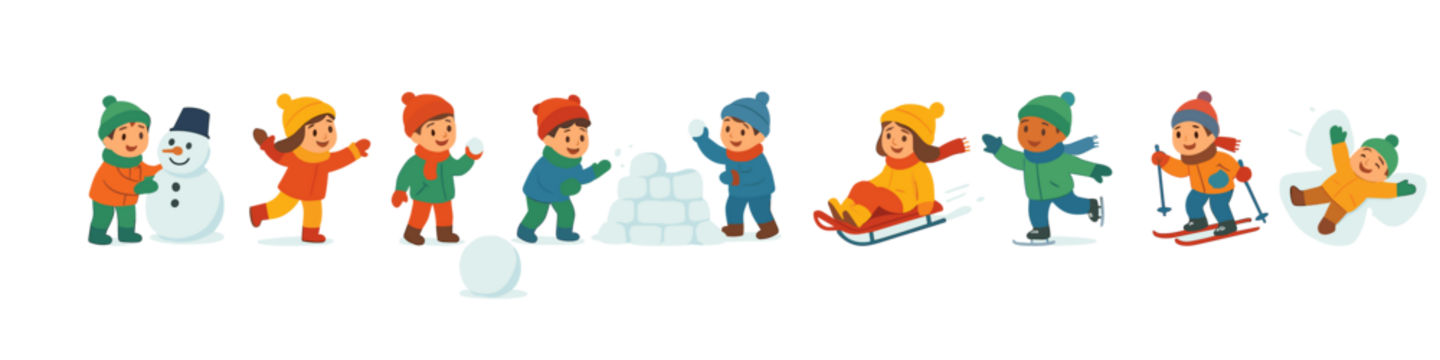 色彩斑斓的冬日乐趣：孩子们穿着冬衣玩雪、滑雪橇和堆雪人