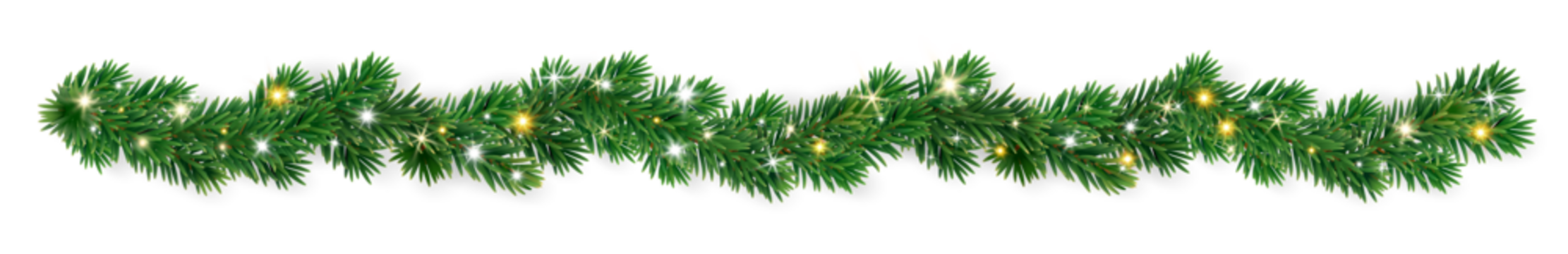 由郁郁葱葱的绿色冷杉树枝组成的波浪形无缝圣诞花环，带有闪烁的灯光和闪耀元素。适用于横幅和卡片的逼真节日水平边框。矢量文件，透明背景。