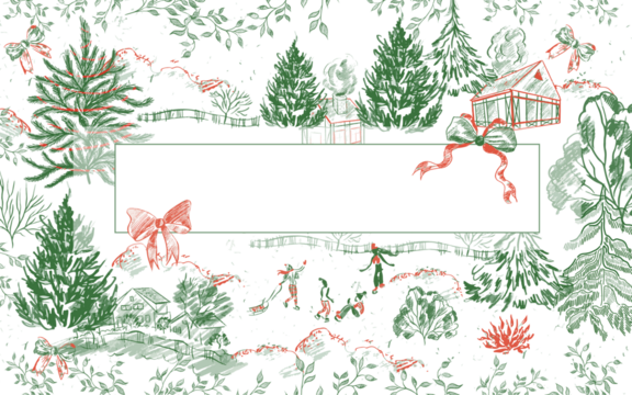 红绿 toile 风格带绽放元素的圣诞贺卡插画