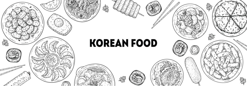 韩国美食矢量绘图框架。手绘俯视图韩国美食菜肴矢量草图插画。石锅拌饭、饺子、紫菜包饭、炒粉丝、炖菜、辣炒年糕、泡菜、辣炒小章鱼、葱饼