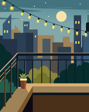 俯瞰城市的阳台配有一串太阳能花园灯，为城市景观增添一丝暖意。矢量插画