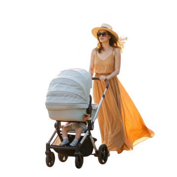 Woman pushing a baby stroller isolated on transparent background