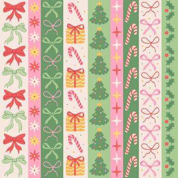 Christmas striped decorative seamless pattern with hand drawn bows, Xmas tree, gifts, candy cane, stars and holly. Vintage holiday vector wrapping paper, Christmas cute background, winter textile.