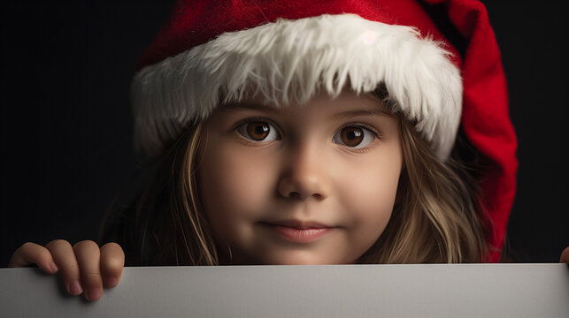 A cheerful child wearing a Santa hat peeking over a white surface, with a dark background and plenty of space for writing festive messages.