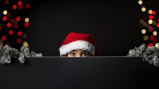 A cheerful child wearing a Santa hat peeking over a white surface, with a dark background and plenty of space for writing festive messages.