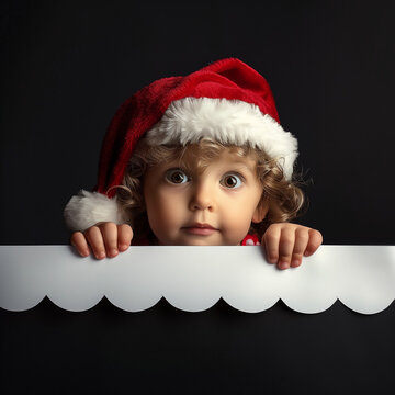 A cheerful child wearing a Santa hat peeking over a white surface, with a dark background and plenty of space for writing festive messages.