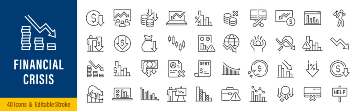 线性风格的金融危机网络图标集。包括衰退、经济崩溃、裁员、恐慌、被解雇、减薪、低成本、资金筹集等相关图标。矢量插画