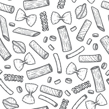 翻译标题：传统意大利面无缝图案。矢量绘图。意大利美食。主食。手绘矢量插画。用于包装、菜单的设计。