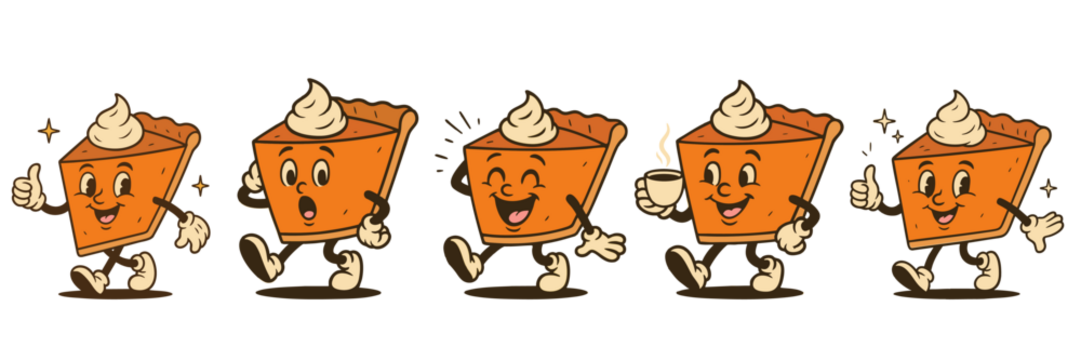 Cute vintage pumpkin pie character with whipped cream walking happily for festive thanksgiving holiday design