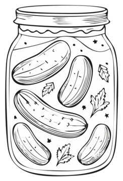 手绘泡菜罐草图，罐中有莳萝枝和星星图案