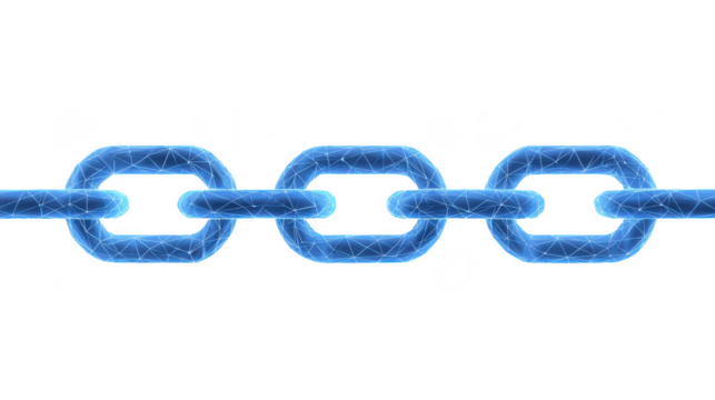 蓝色数字链环搭配发光多边形网格，象征着连接、安全与科技，透明背景上的孤立元素，现代与未来主义风格