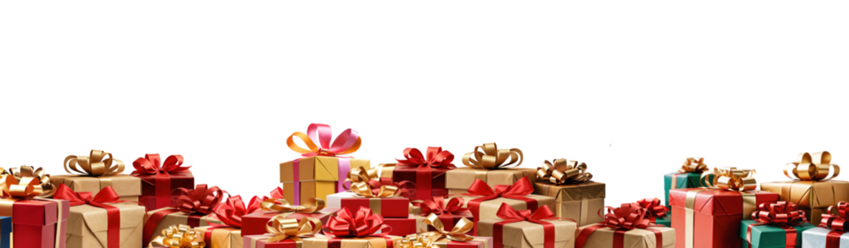 一排节日氛围的圣诞礼物、礼品盒