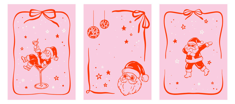 Whimsical quirky funny Merry Christmas and Happy New Year posters with dancing Santa Claus in star and heart glasses. Christmas nightclub disco party invitations in coquette, girly, bachelorette style