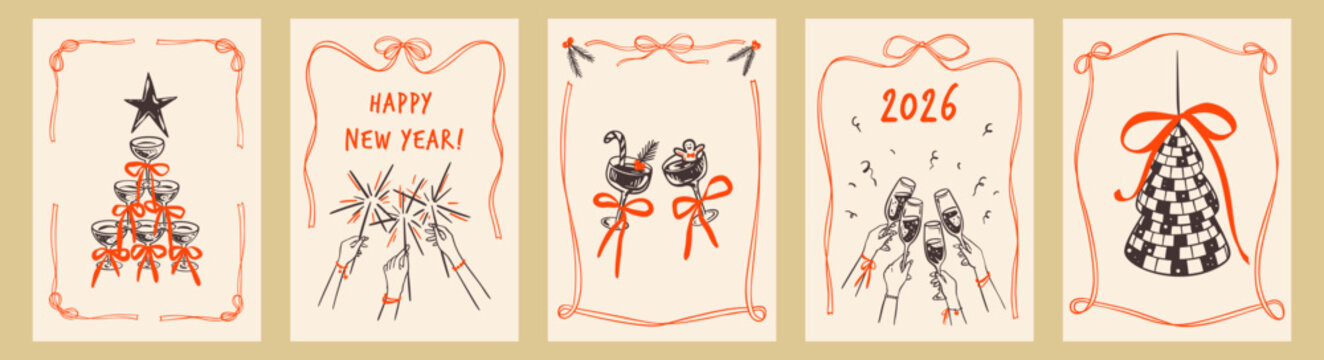 Merry Christmas and Happy New Year hand drawn sketch doodle poster set. Whimsical coquettish bachelorette xmas party, girly disco background. Bow ribbon frame with cocktail, champagne