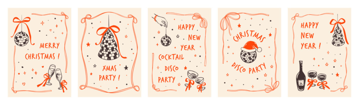 Merry Christmas and Happy New Year disco parti posters. Hand drawn crayon doodle sketch whimsical background. Coquette bow red frame. Bachelorette girly Xmas party invitation. Disco ball