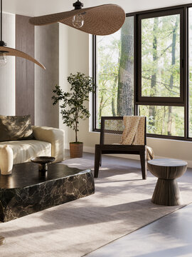 大型豪华现代明亮室内客厅模型插画3D渲染图