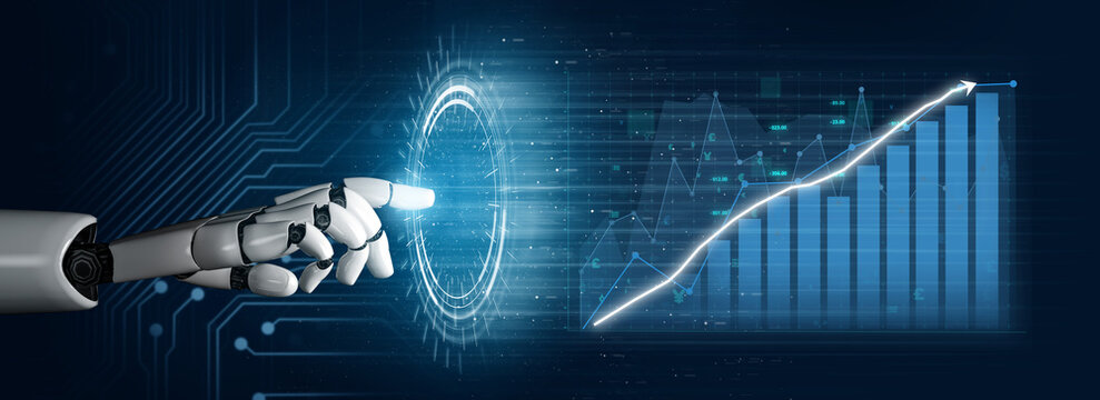 一只未来主义的机械手与展示数据可视化和增长指标的数字显示屏进行交互，象征着创新与技术。