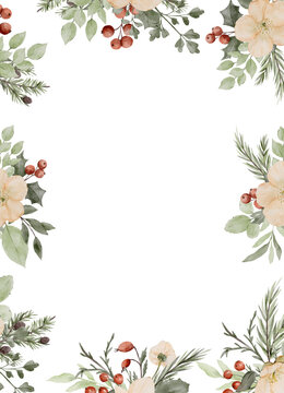 水彩花卉边框。带有花朵和红色浆果的优雅绿植边框。