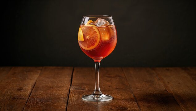 杜松子茶滋补饮品盛放在木桌上的酒杯中，重点展现饮品呈现