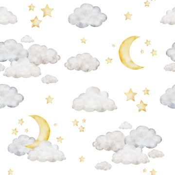 新月、云朵与星星：可爱无缝图案 水彩风格孤立天气主题婴儿插画 适用于儿童用品、亚麻布、睡衣及儿童房的儿童天体背景