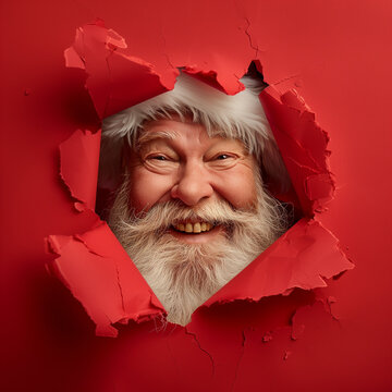 一位欢快的圣诞老人冲破鲜艳的红色背景，带来节日的欢乐和喜庆氛围。