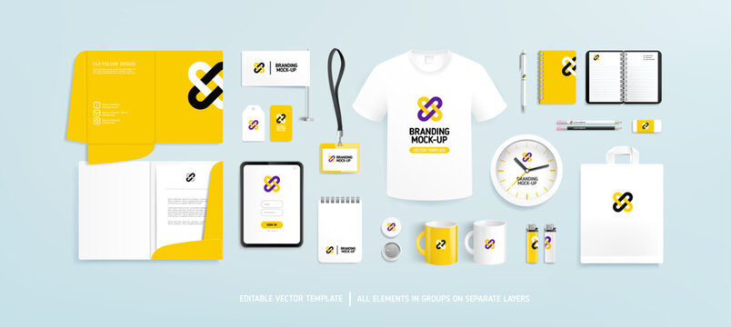 黄色品牌形象与简约抽象图形设计的商务文具样机套装——用于logo展示的办公文具样机（可编辑模板），企业公司风格；