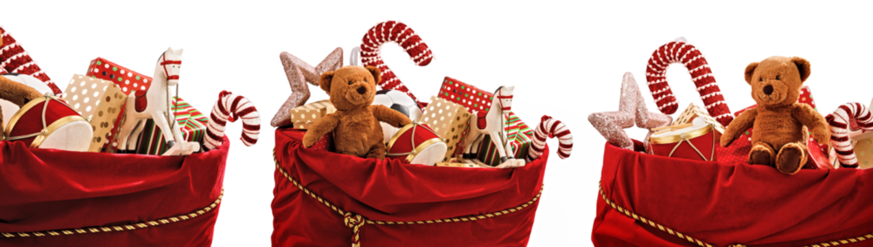 装在隔热圣诞老人袋子里的一套圣诞礼物和玩具