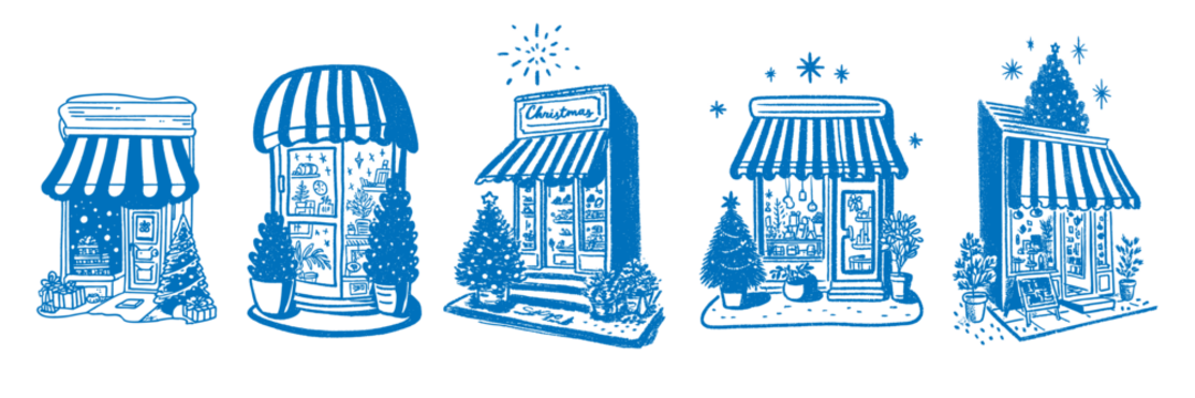 复古手绘圣诞店铺门面插画，带有节日装饰和条纹遮阳篷