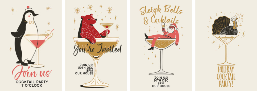 节日圣诞鸡尾酒派对海报套装，含节日角色和复古饮品插画