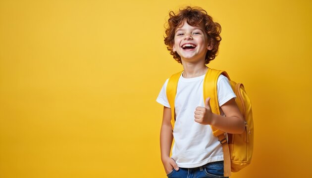 Happy schoolboy with curly hair laughs showing thumbs up sign. Cute kid with yellow backpack smiles on studio background. Cheerful child expresses joy success, fun going to school. Smiling student