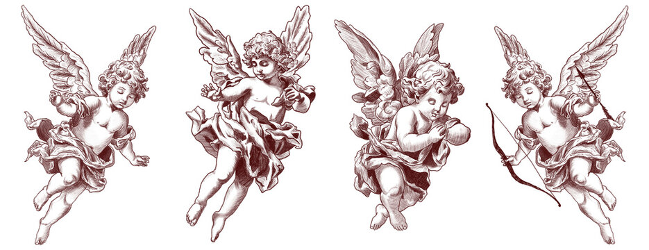 白色背景下的手绘丘比特涂鸦集合：含书写材料纹理、情人节手写涂鸦与铅笔笔触，手绘丘比特，线稿及复古版画风格