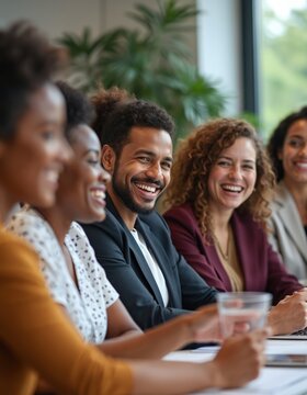 不同背景的同事在办公室会议上欢笑。团队成员建立联系，分享成功。积极的氛围弥漫在现代工作空间，彰显强大的公司文化。人们相处融洽。