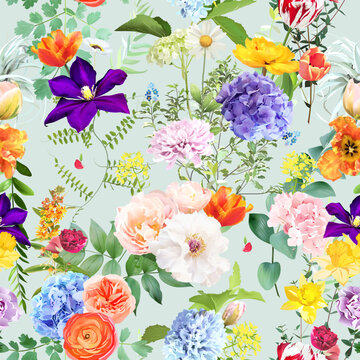 夏日花园花叶印花：春季郁金香、绣球花、毛茛、风信子、水仙花与植物。植物图案设计。彩色无缝矢量图案。鼠尾草绿背景