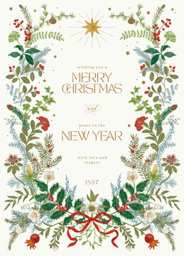 贺卡：植物复古插画，节日快乐，色彩缤纷