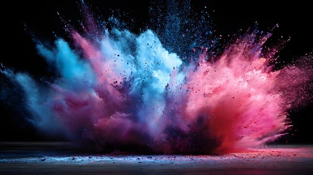 青蓝色和品红色颜料构成的绚丽云团在深色背景上剧烈进发