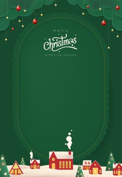 纸艺风格的垂直绿色圣诞快乐和新年快乐贺卡横幅，带有冬日雪景、红色村庄、森林场景以及用于节日庆祝背景的文案空间