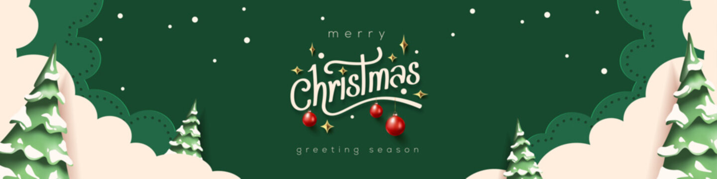 Horizontal green Merry Christmas and Happy New Year greeting card header banner in paper art style with snowy winter landscape snow covered trees for holiday message and festive background