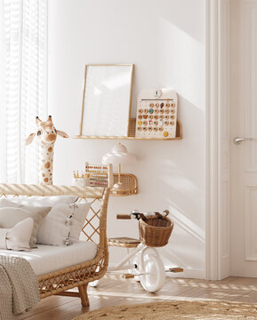 带有天然木制家具的漂亮育儿室海报框样机，森迪波西米亚风格儿童房内饰，3D渲染