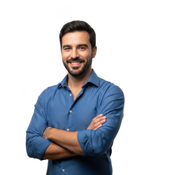 A smiling confident man with dark hair and a beard wearing a blue collared shirt with arms crossed isolated on transparent background
