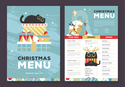 蓝色背景下带有趣味猫咪的餐厅圣诞假期扁平化菜单设计矢量插画